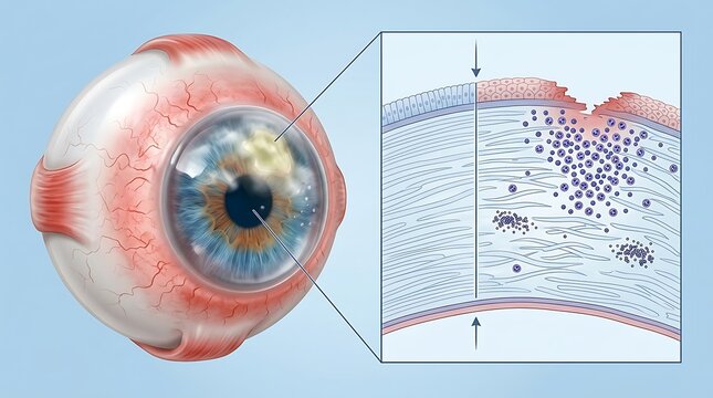 Medical illustration of a corneal ulcer and keratitis, showing an inflamed red eye with a white opacity and a detailed microscopic inset of the infected stroma and epithelium layers.