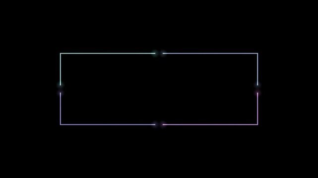 Abstract animated frame border with a split drawn as cyan and teal glowing lines and dots on a deep dark background. Clean minimal motion graphics element with free space around it, ideal for title se
