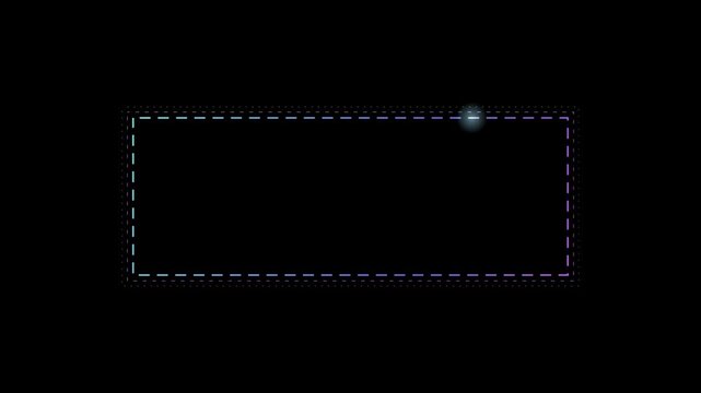 Abstract animated frame border with dashed strokes drawn as cool blue-white glowing lines and dots on a deep dark background. Clean minimal motion graphics element with free space around it, ideal for