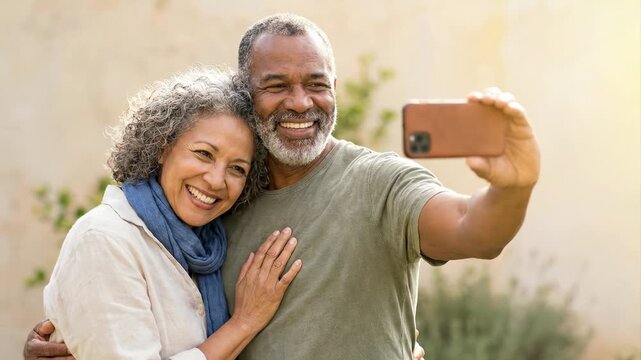 Older couple pose closely for selfie in bright garden light, man holding smartphone while both smile and lean together, creating affectionate, relaxed, joyful outdoor scene with warm glow