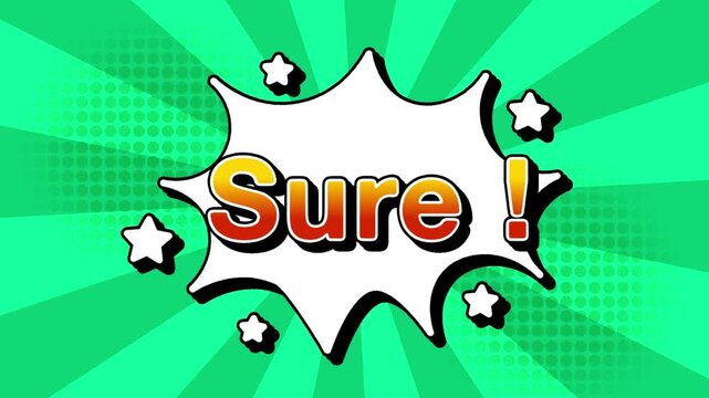 Sure text word lettering popup comic cartoon reveal with bomb and smoke explosion manga anime book page dots with radial speed lines doodle teal background with seamless loop animation retro