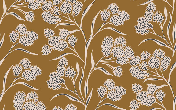 bohemian flora seamless pattern. Tropical plants rustic Hand drawn monochrome outline design for fabric , print, cover, banner and invitation, Vector illustration