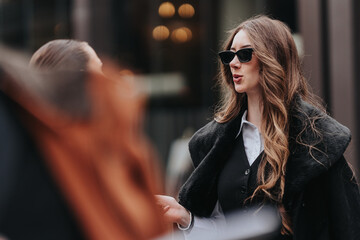 A young professional woman wearing sunglasses and a coat speaks while gesturing outdoors. She...