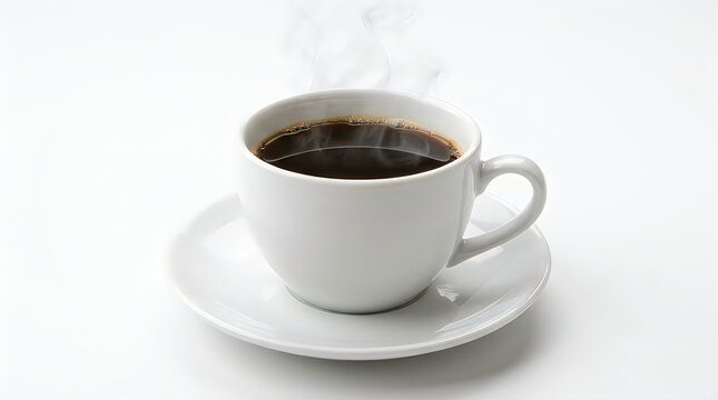 Steaming hot cup of black coffee on a white saucer