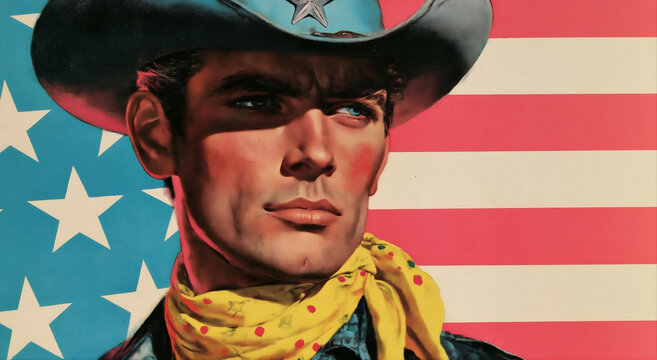 Vintage cinematic poster with a cowboy hero on American flag background. Mid century pop art, 50s patriotic propaganda concept. Retro illustration for banner