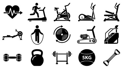 Cardio Gym Equipment and Fitness Workout Silhouette Icon Set with Treadmill Exercise Bike Rowing Machine and Weight Training Graphic Symbols © MdSabbir