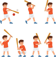 Cartoon Boy Playing Baseball Character Actions Set Showing Batting Hitting Squatting and Swinging Poses Vector Illustration for Youth Sports Graphics