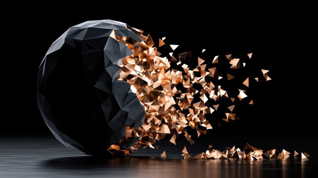 Geometric black ball exploding into copper shards.