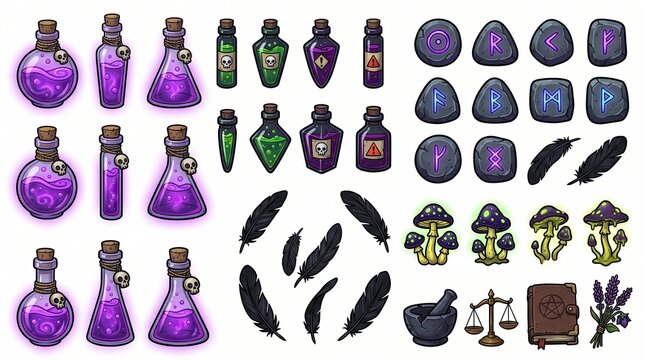 Various potion bottles and magical items collection