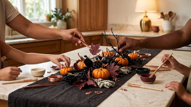 Family collaborating with multi generational family working together arrange festive autumn centerpiece marble kitchen island intergenerational