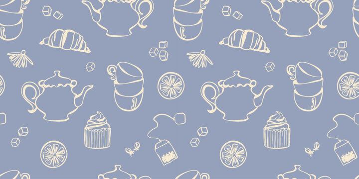 Tea time seamless pattern with teapots, cups, and pastries. Vector illustration of hand-drawn teapot, croissant, cupcake, lemon, and teabag doodle on blue background