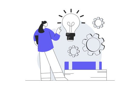 Brainstorming Process and Finding Creative Idea Strategy. Female Specialist Pointing at Glowing Lightbulb with Gears and Big Books. Flat Cartoon Vector Illustration, icon Stylish abstract design web