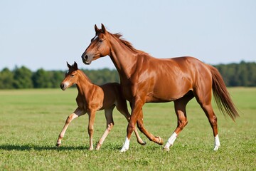 Fototapeta premium The Chestnut Horses Running Together Across a Lush Green Field at Dawn