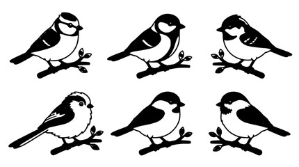 Small Songbird Silhouette Icon Set Featuring Blue Tit, Great Tit, and Chickadee Perched on Bare Branches for Nature Wildlife and Birdwatching Graphic Vector Designs © MdSabbir