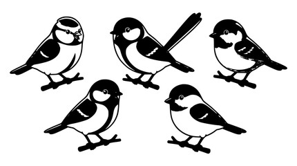 Garden Songbird Silhouette Icon Set Featuring Blue Tit, Chickadee, and Sparrow Perched on Budding Tree Branches for Nature Wildlife and Birdwatching Designs © MdSabbir