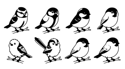 Garden Songbird Silhouette Icon Set Featuring Blue Tit, Chickadee, and Sparrow Perched on Budding Tree Branches for Nature Wildlife and Birdwatching Designs © MdSabbir
