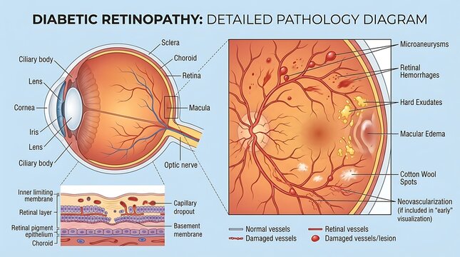 Detailed pathology diagram of the human eye focusing on diabetic retinopathy, featuring a cross-section of retinal layers and a zoomed fundus view showing various vascular lesions.