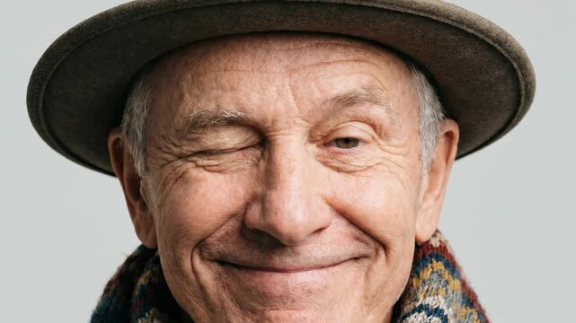 Tight frontal portrait of elderly man wearing taupe felt fedora with feather and multicolored knit scarf, looking directly forward with wide eyes, raised brows, and amused friendly expression