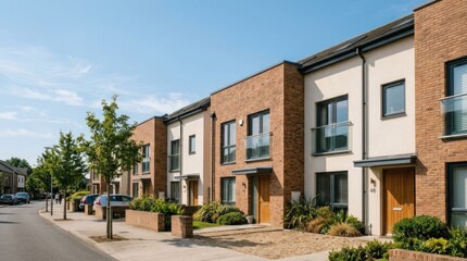 Fototapeta premium Modern Townhouses with Brick Facades on a Sunny Day.