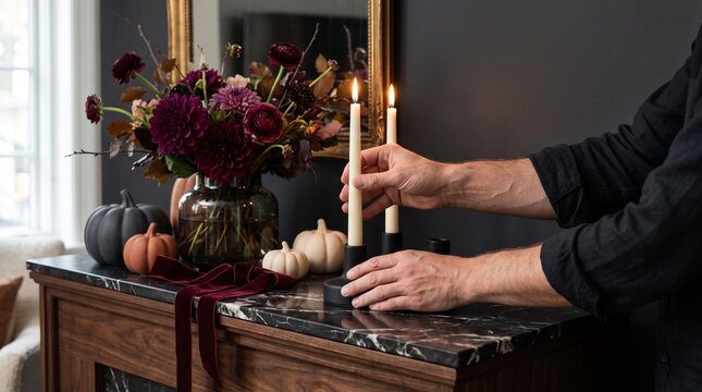 Person adjusting lit taper candles on elegant marble mantelpiece with autumnal flower arrangement with person carefully placing marble mantel decorated