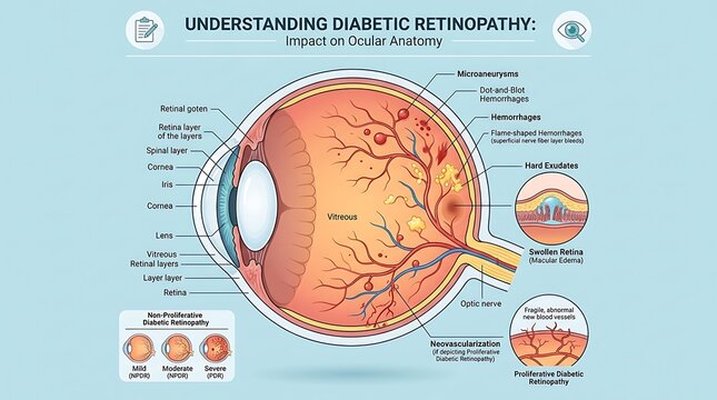 Comprehensive medical diagram of ocular anatomy illustrating non-proliferative and proliferative diabetic retinopathy stages with detailed views of neovascularization, macular edema, and retinal