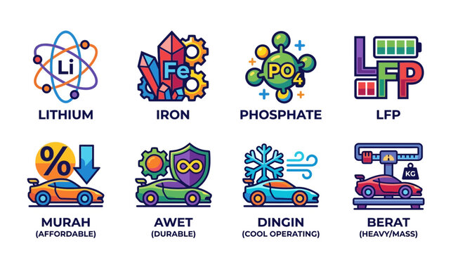 Battery Chemistry and Electric Vehicle Features Icons