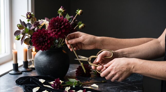 Person trimming dark red dahlia stems with vintage brass scissors beside lit candles in vase with depicts person carefully scissors near window
