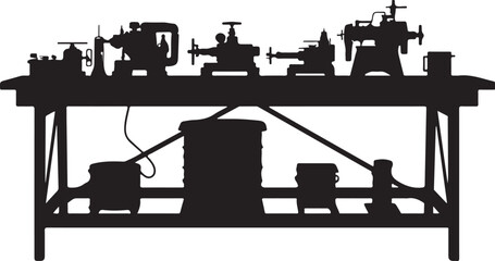 Obraz premium Black silhouette of a long workbench filled with various mechanical tools