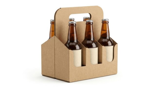 Cardboard Six Pack Beer Carrier with Bottles Isolated on White Background