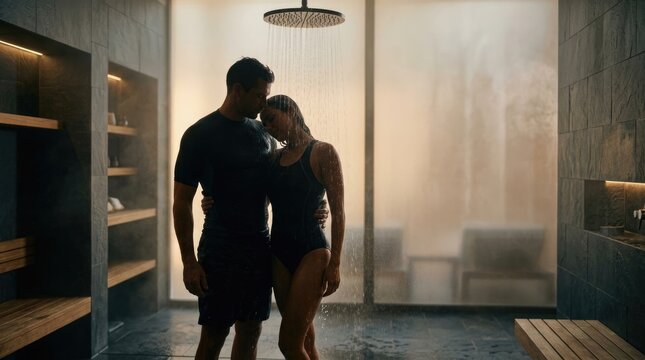 Romantic Couple Embracing Under Rain Shower in Luxury Spa Bathroom