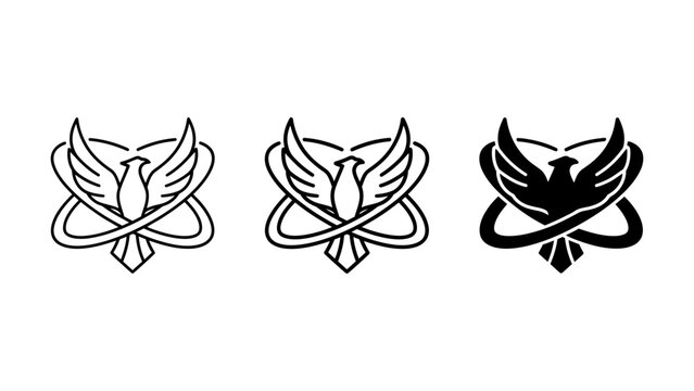 Set of three icons displaying a phoenix bird shape enclosed by an orbital ring in three variations with firebird