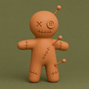 Small brown voodoo doll with pins stuck in it on a dark green background