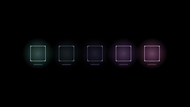 Abstract animated icon slot row with slots drawn as cyan and teal glowing lines and dots on a deep dark background. Clean minimal motion graphics element with free space around it, ideal for title seq