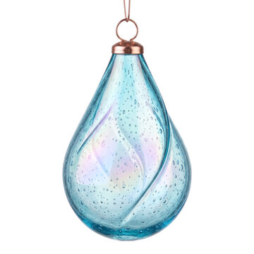 Iridescent Aqua Teardrop Glass Ornament with Twisted Droplet Form, Translucent Rainbow Sheen Glass Bauble, Isolated on transparent