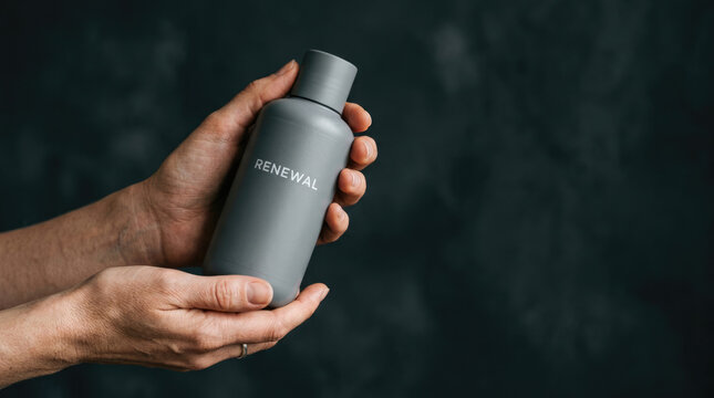Minimalist Gray Cosmetic Bottle with Renewal Label Held in Hands on Dark Background