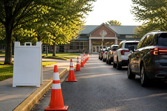 School Carpool Line With Traffic Cones Morning Pickup