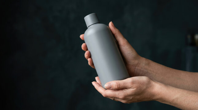 Blank Gray Cosmetic Bottle Mockup Held in Hands for Skincare Product Branding