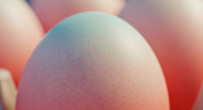Macro close-up of smooth pink eggshell surface showing porous texture with soft teal highlights, surrounded by blurred eggs in a shallow depth of field minimalist composition.