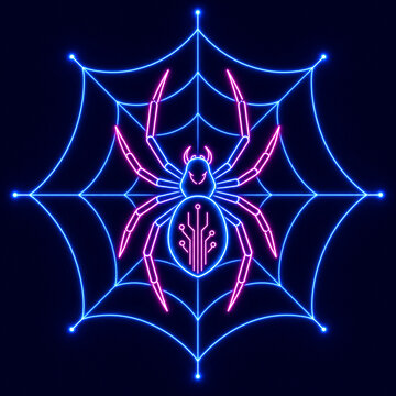 Glowing neon spider on a web design for halloween or horror themes