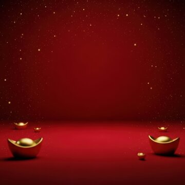 Deep red studio background featuring golden Chinese sycee ingots on floor with sparkling gold glitter particles. Factual setup for Lunar New Year and cultural festive themes.