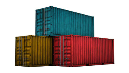 Fototapeta premium Three stacked shipping containers in red yellow and teal, isolated on transparent background