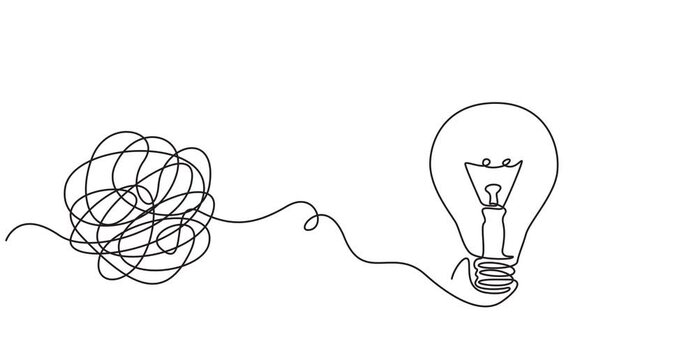 unraveling to glowing light bulb animation continuous one line drawing, Animated One continuous line drawing of tangled and scribble wires with light bulbs. Concept of complex problem solving process.