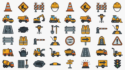 Fototapeta premium Creative Colorful Construction and Roadwork Icon Set Featuring Safety Gear Heavy Machinery and Warning Signs