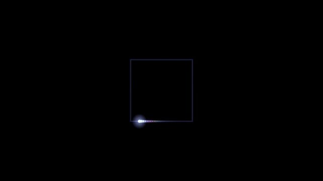 Abstract animated loading indicator with a square shape drawn as blue and cyan glowing lines and dots on a deep dark background. Clean minimal motion graphics element with free space around it, ideal 
