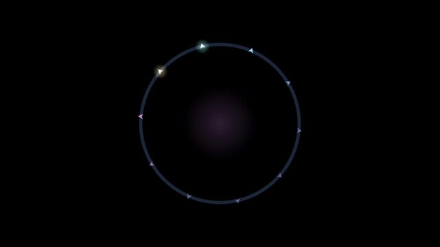 Abstract animated looping arrows drawn as cool blue-white glowing lines and dots on a deep dark background. Clean minimal motion graphics element with free space around it, ideal for title sequences, 