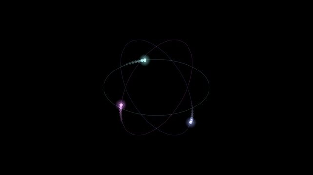 Abstract animated loading indicator with orbiting motion drawn as violet and blue glowing lines and dots on a deep dark background. Clean minimal motion graphics element with free space around it, ide