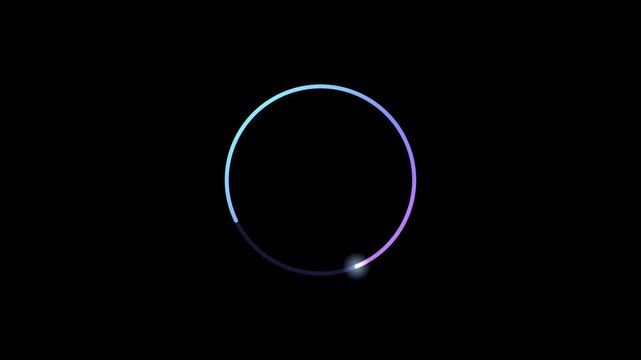 Abstract animated loading indicator with a ring drawn as blue and cyan glowing lines and dots on a deep dark background. Clean minimal motion graphics element with free space around it, ideal for titl