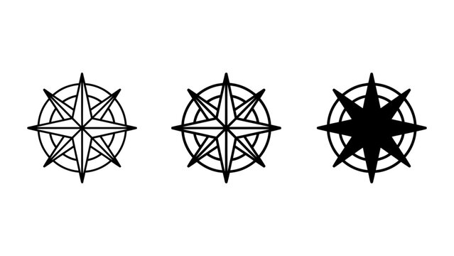 Eight pointed star compass icon collection in black and white with navigation direction nautical geometric symmetry