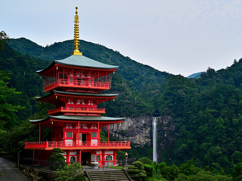 Seigantoji Three-Story Pagoda and Nachi Falls in Kumano Kodo World Heritage Site, Wakayama, Japan
