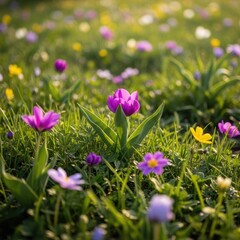 Obraz premium Close-up of a blooming spring meadow with purple tulips and yellow wildflowers in green grass under soft sunlight with a blurred background showing more flowers in bloom.